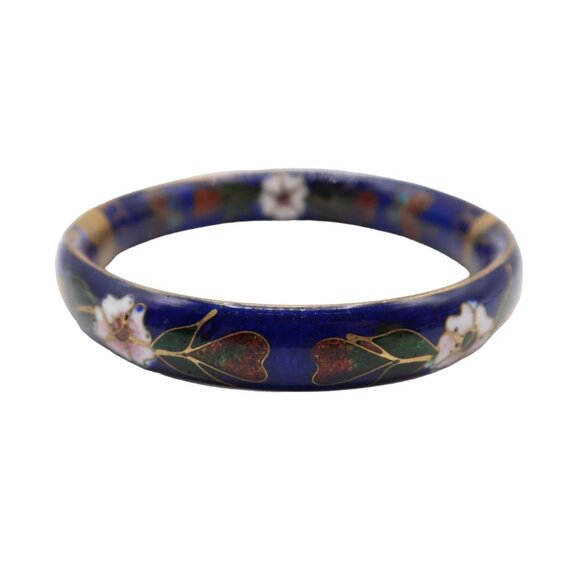 Vintage Cobalt Blue & Floral Cloisonne Enamel Bracelet Clamper Bracelet Unsigned - Picture 1 of 7